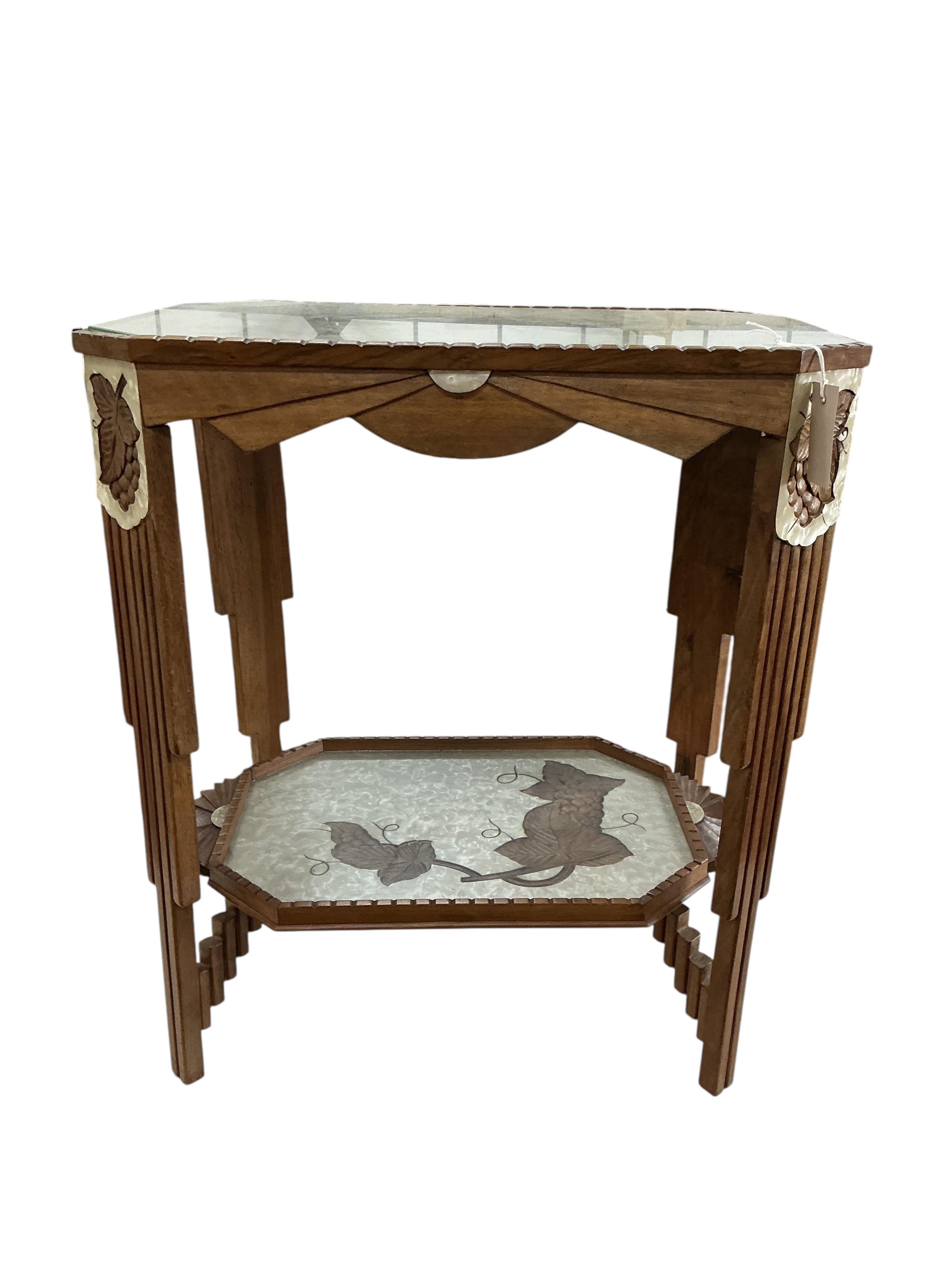 A French Art Deco faux mother of pearl and walnut two tier table, width 60cm, depth 40cm, height 68cm